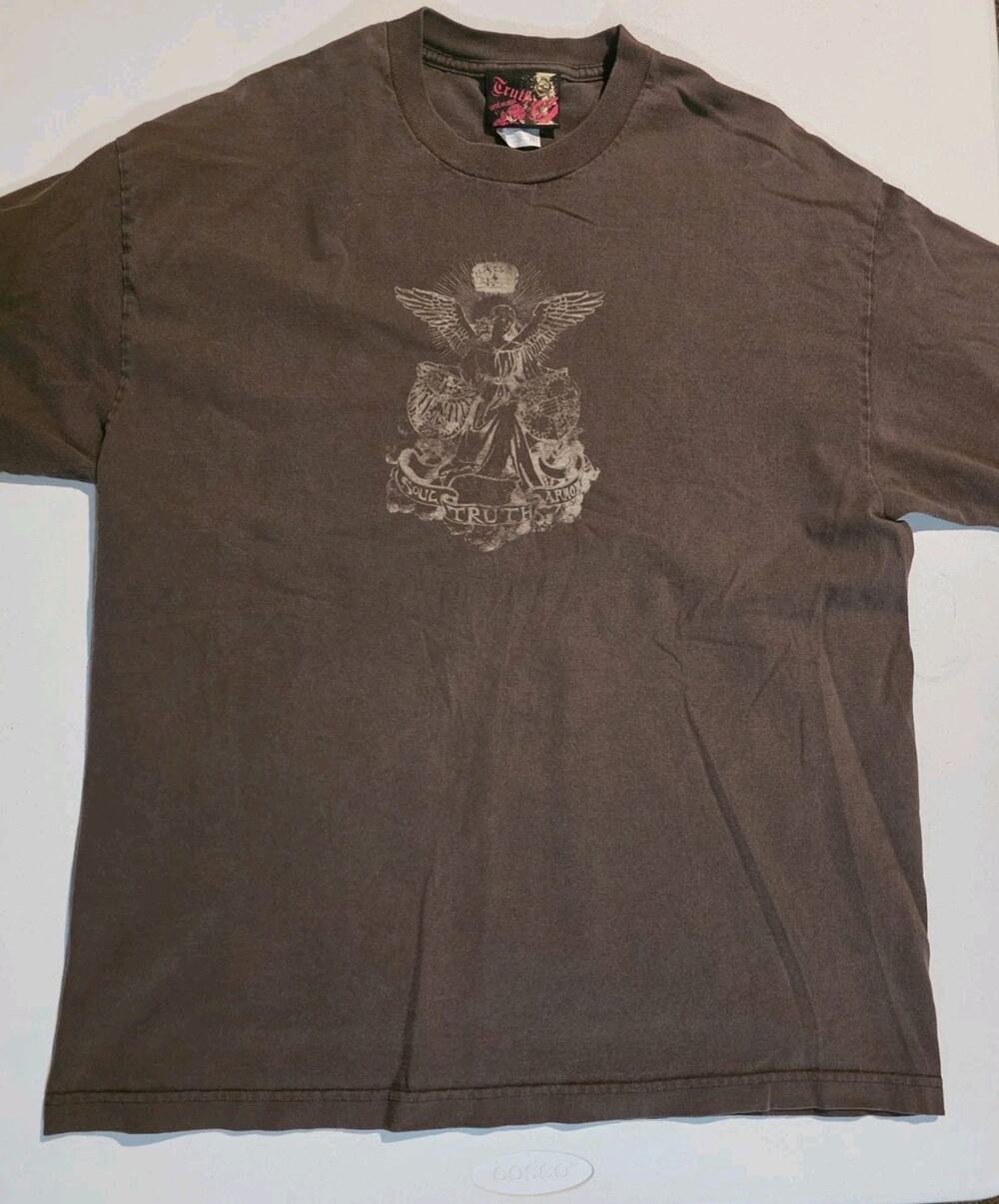 Y2K Truth Soul Armory Graphic T Shirt Mens XL Brown Angel Gothic
